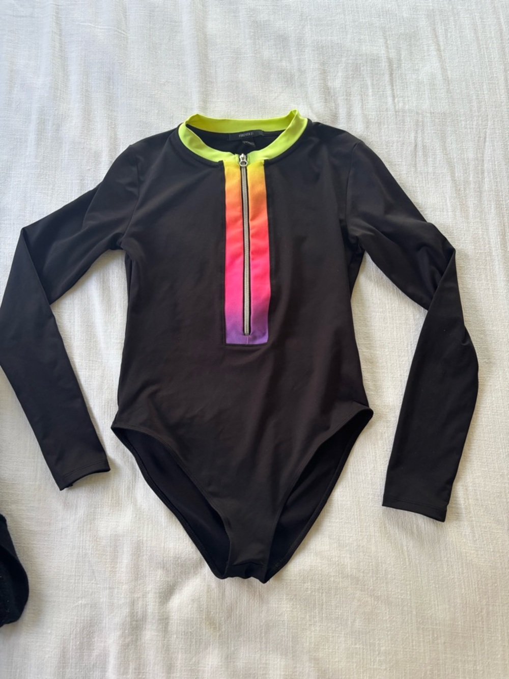 Forever 21 Black Long-Sleeve One-Piece Swimsuit with Neon Rainbow Zip